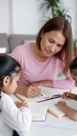 mother assisting her children with their homework.