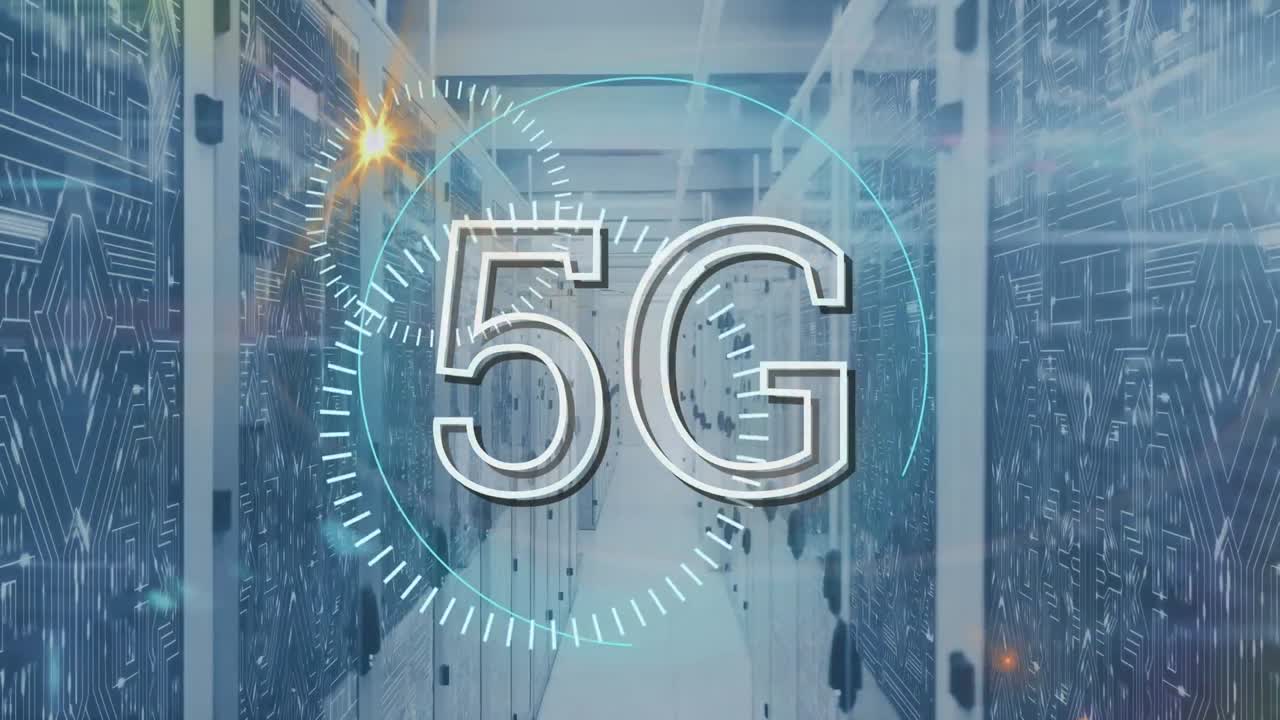 animazione di testo 5g con scansione di portata sulla stanza del server