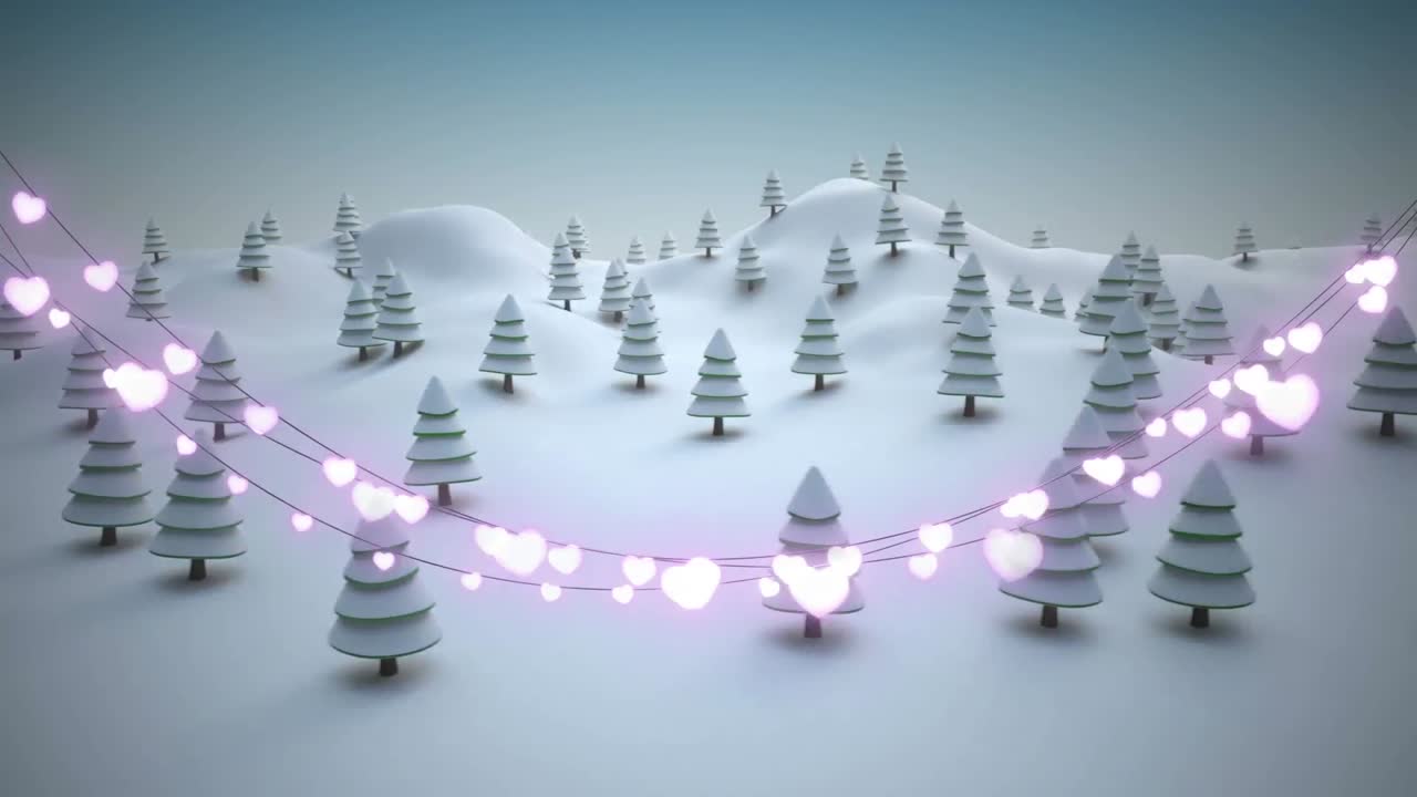 Decoração de pisca-pisca brilhantes em formato de coração contra neve caindo sobre uma paisagem de inverno