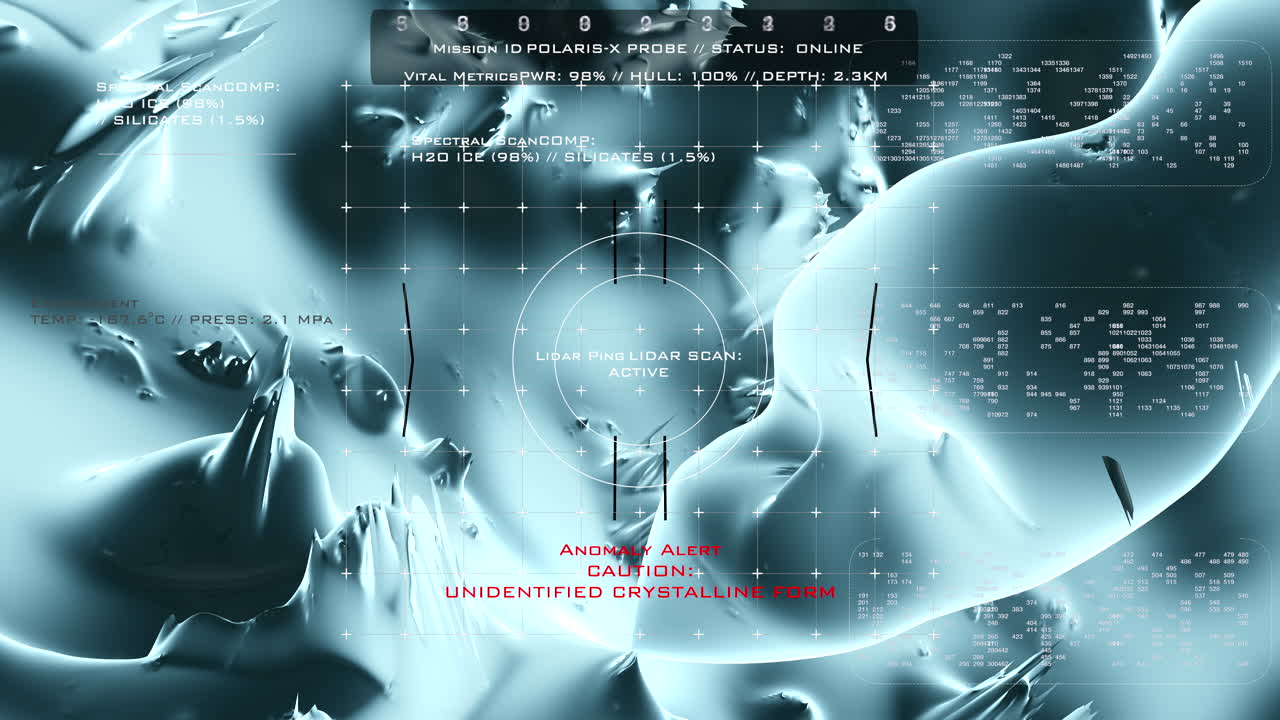 Ethereal, morphing crystalline forms viewed through a high-tech HUD. Ideal for meditative cinematic backgrounds, science-fiction interiors, and luxury architectural concepts