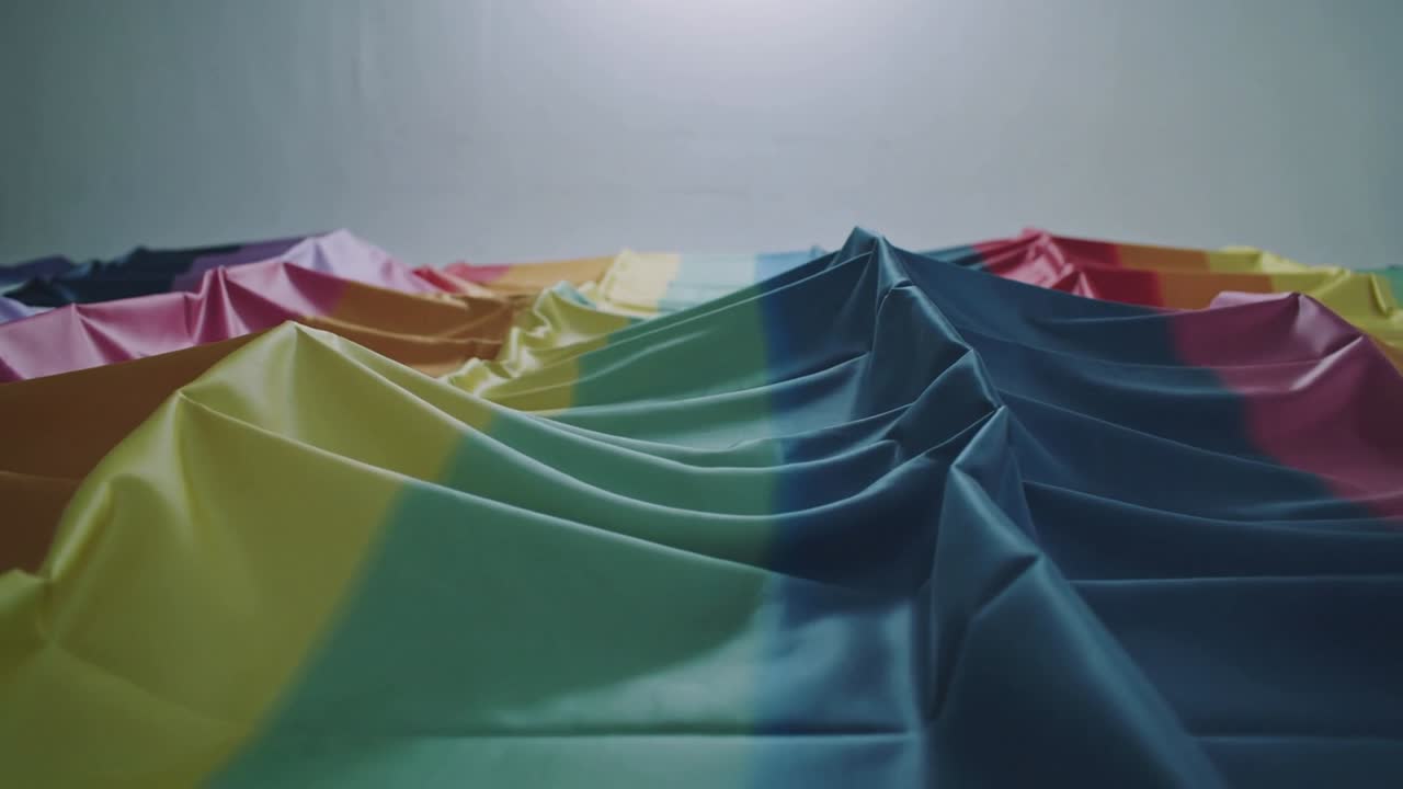 Tessuto a righe arcobaleno che sale, formando una cresta e delle increspature in studio, sollevandosi da una fonte invisibile.