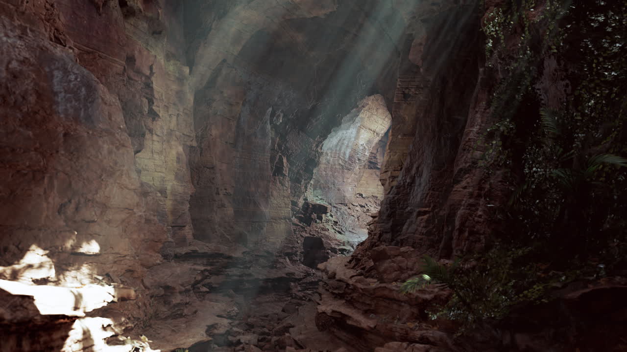 Sunlight Beams Through A Dark Jungle Cave