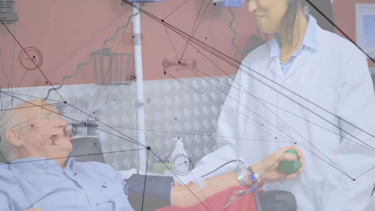 animación de la red de conexiones sobre la mujer médica asiática y el paciente mayor