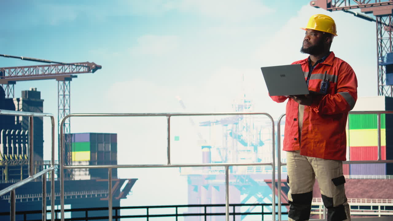Vertical video Drilling rig inspector inspecting integrity of offshore platform infrastructure