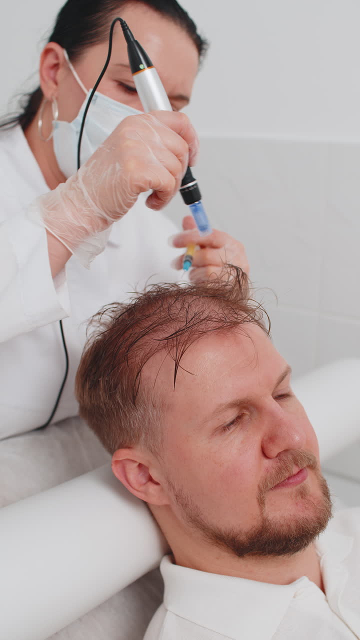 tricólogo haciendo hombre mejorar el crecimiento del cabello procedimiento dermapen microneedling inyecciones de vitaminas