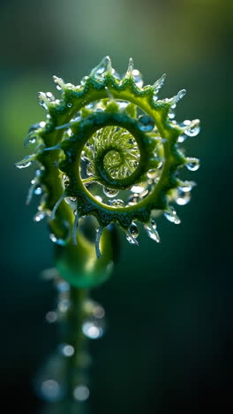 macro shot of green unfurling fern frond with dew drops