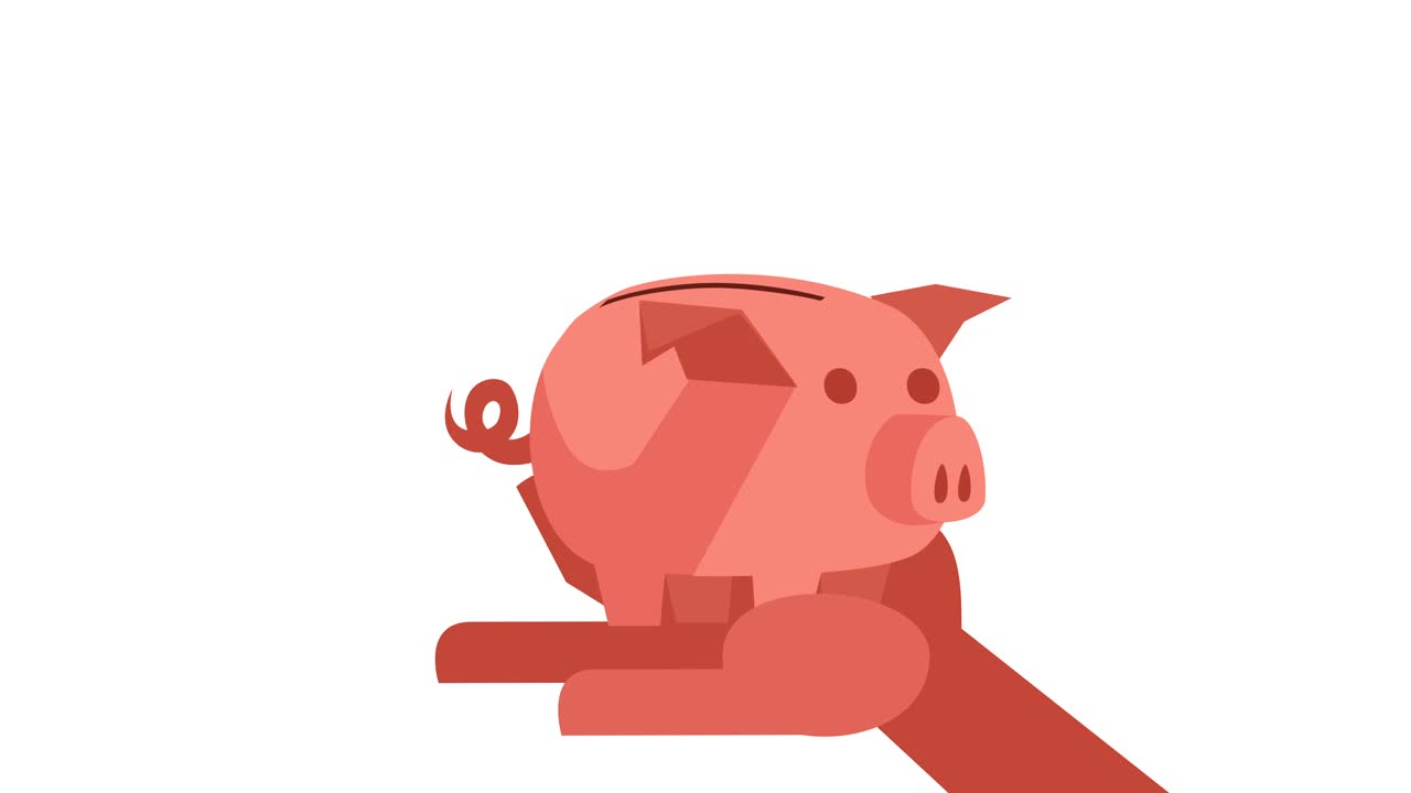 평평한 만화 돼지 은행 손에 돈 황금 동전 픽토그램 애니메이션 루마 매트