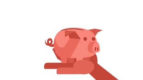 flat cartoon piggy bank in hand with money golden coins pictogram animation with luma matte