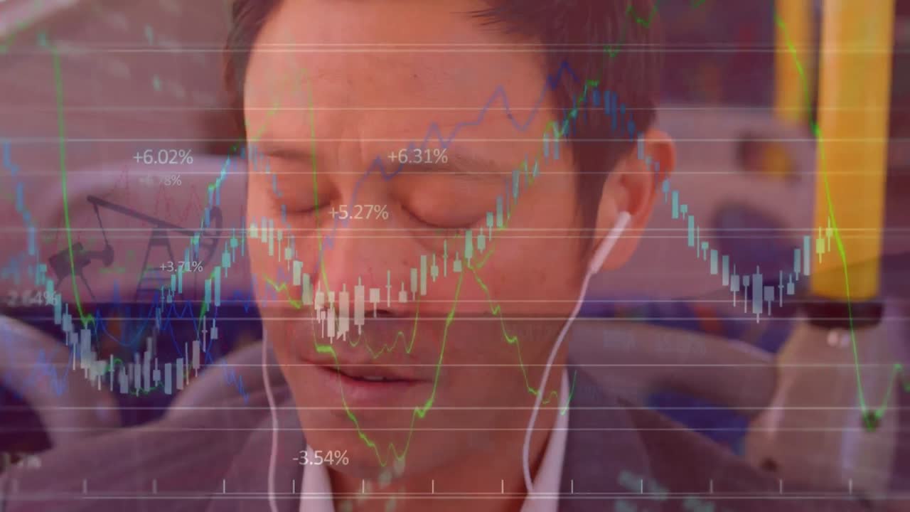 Animation of data processing over asian businessman in bus