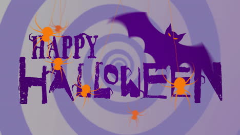 happy halloween text animation with spiders and bat over purple spiral background