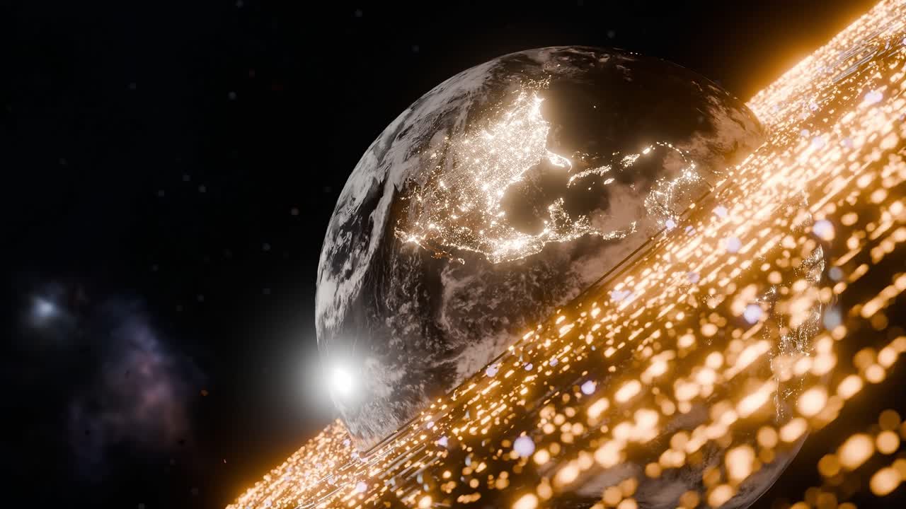 Digital Earth with illuminated city lights orbiting above glowing yellow data stream in outer space. Global network, technology connectivity concept. 3D digital illustration with copy space