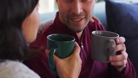 video de la vista de atrás de una feliz pareja diversa sentada en el sofá y bebiendo café