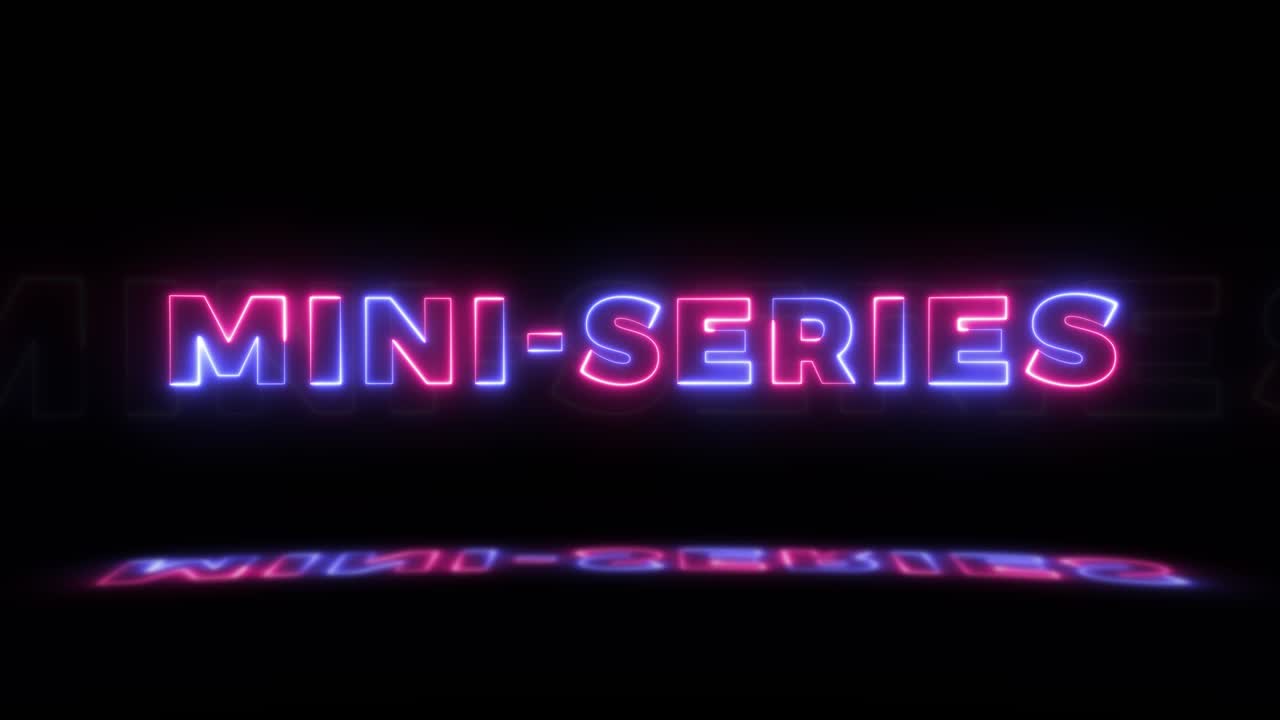 palabra brillante de neón'mini-serie' en un fondo negro con reflejos en un piso. signos brillantes de neón en gráfico de movimiento de bucle sin costuras