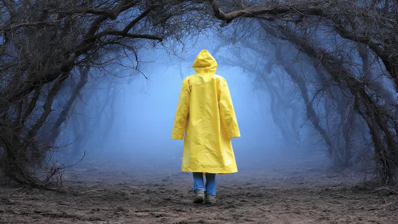 A solitary figure in a bright yellow raincoat walks through a mysterious fog-laden forest, surrounded by twisted branches creating an eerie tunnel effect