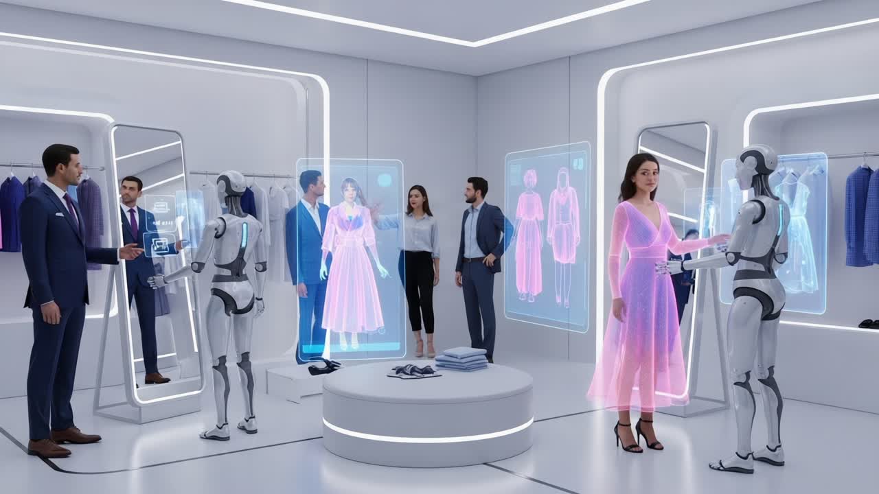 A Futuristic Retail Experience: Shoppers Interacting with Smart Robots in a High-Tech Store Featuring Virtual Fashion Try-Ons and Stylish Clothing Displays