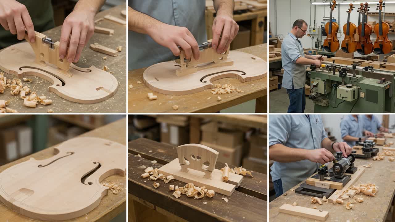 Craftsman Skillfully Shaping and Assembling a Violin Body with Precision Tools in a Luthier Workshop, Showcasing Artistry and Attention to Detail in Each Step