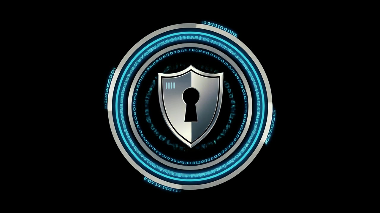 Animated Digital Security Shield with Keyhole and Binary Code