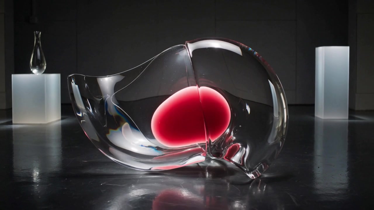 Guscio di vetro che si incrina e si divide a metà su un pavimento lucido, con una sfera rossa che si sposta, piedistalli illuminati e un vaso.