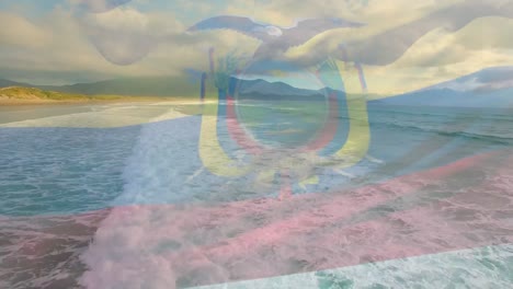 Animation-of-ecuadorian-flag-waving-over-sunny-seaside