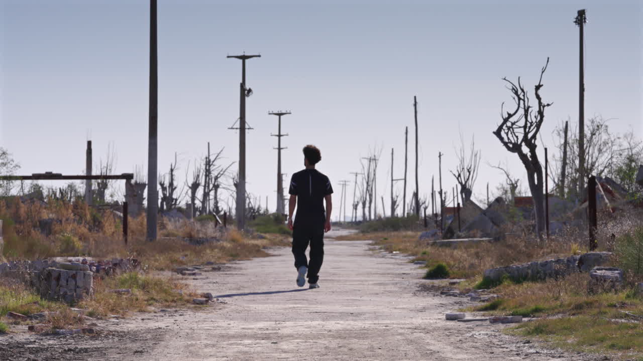 A man dressed in black walks away down a weathered road in the ghost town of Epecuén, Argentina. Light poles create a central vanishing point under a clear sky in this abandoned place