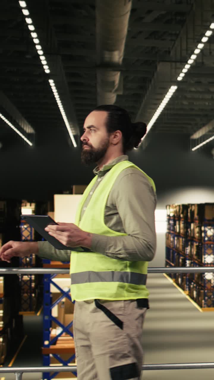 Video verticale: dipendente che controlla la logistica, operazioni con tablet, spedizione e distribuzione