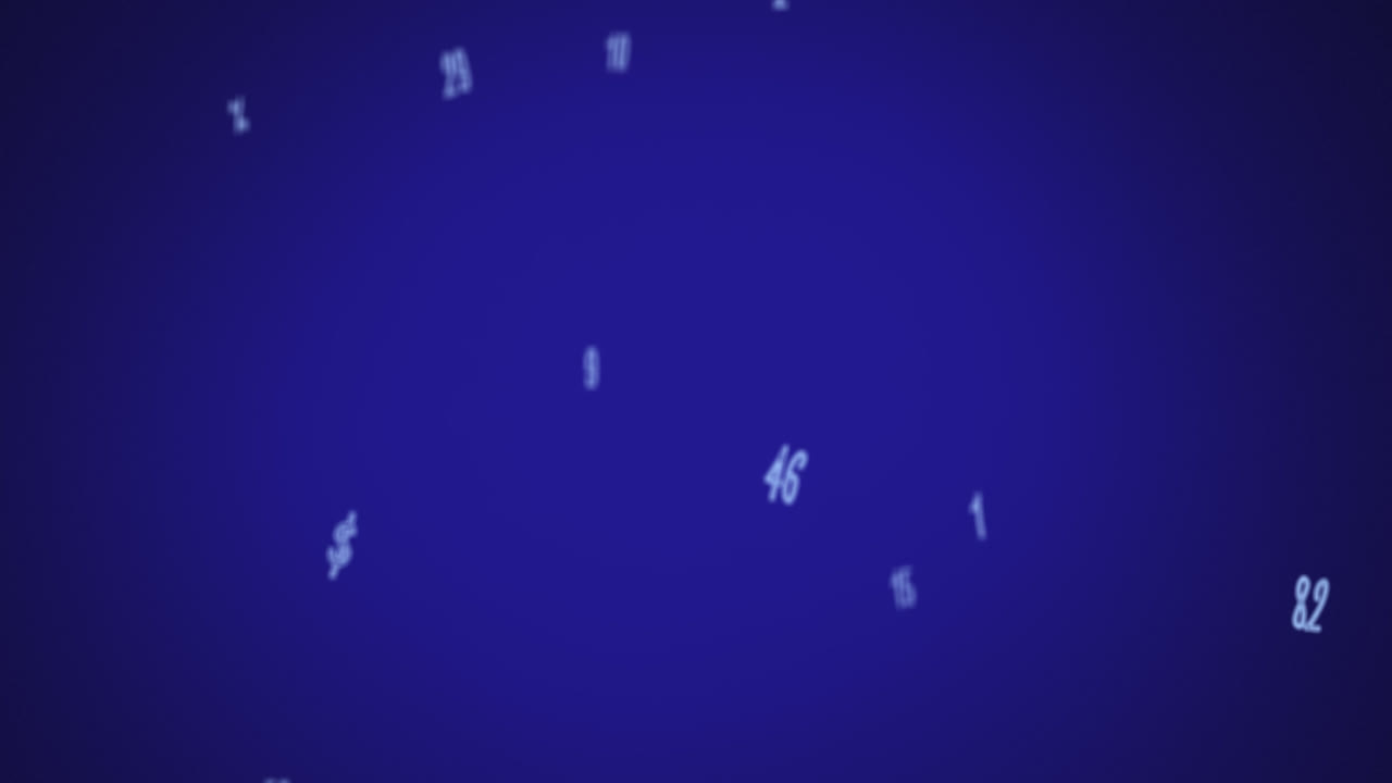 animación digital de múltiples números y símbolos que caen contra un fondo azul