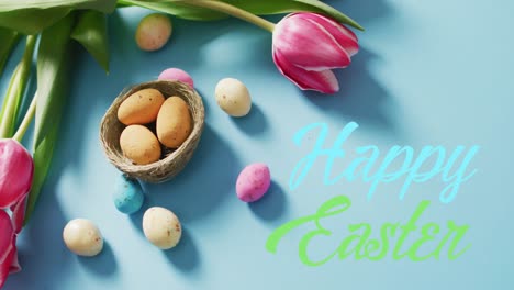 animation of happy easter, eggs and tulips on blue background