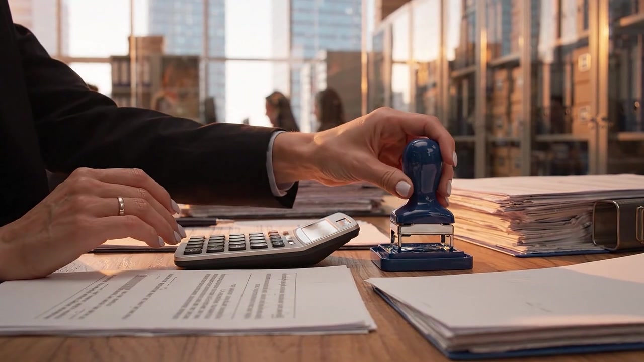 Una scena d'ufficio professionale che raffigura una persona in abbigliamento da lavoro che usa una calcolatrice tra pile di documenti e un timbro blu in una moderna postazione di lavoro.