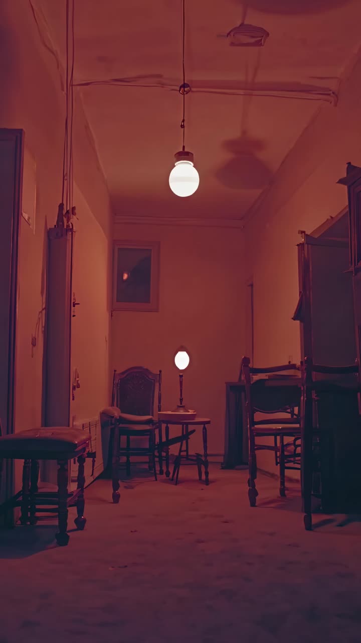 Vintage furniture casting shadows under dim light, mysterious painting creating haunting ambiance in dark, empty hallway during nighttime stillness