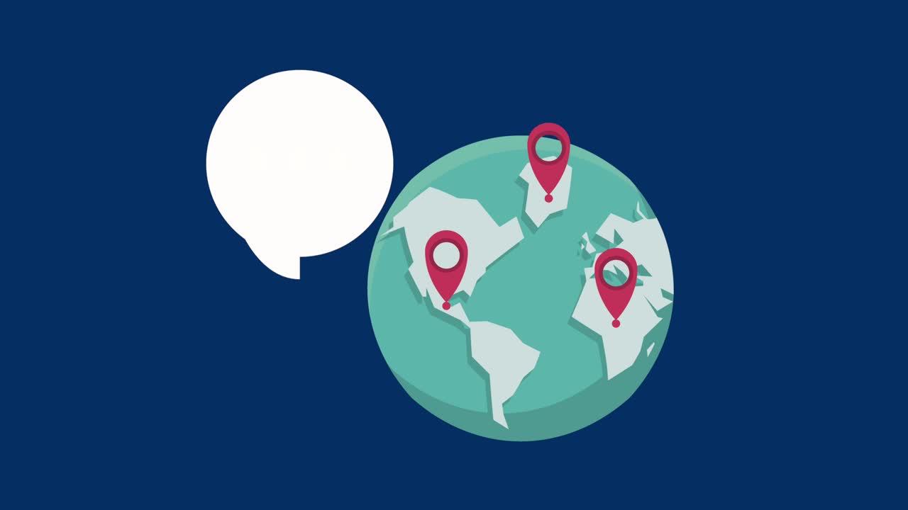 planeta tierra con la ubicación de los alfileres y la burbuja de habla