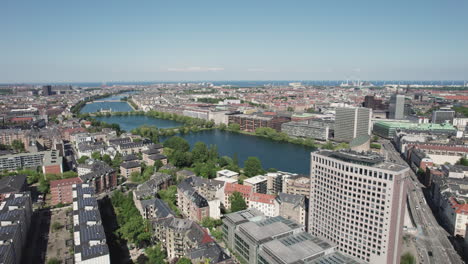 copenhagen from above, with the lakes, vibrant city center, and bustling office buildings in a beautiful aerial view