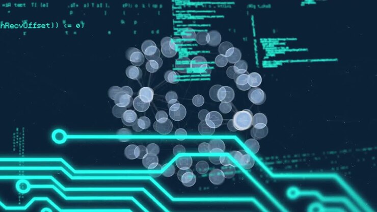 Globe of digital icons over microprocessor connections and data processing on blue background