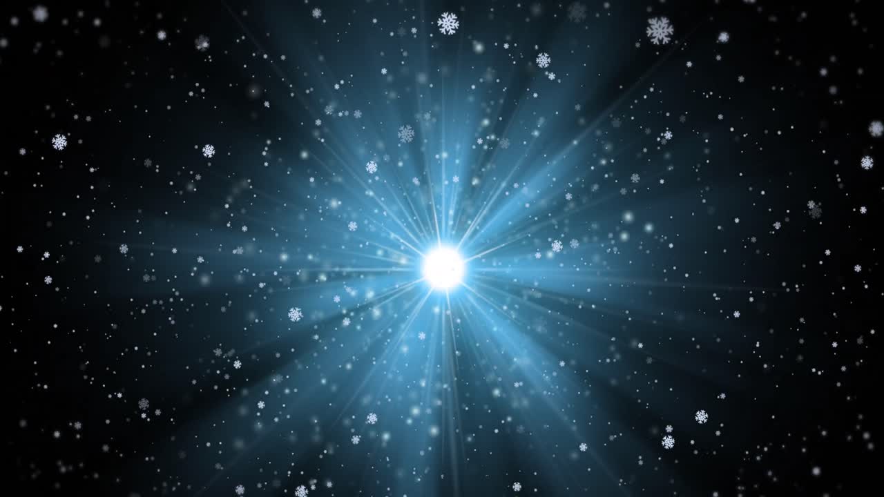 파란색 바탕에 빛의 흔적 위에 눈이 떨어지는 애니메이션
