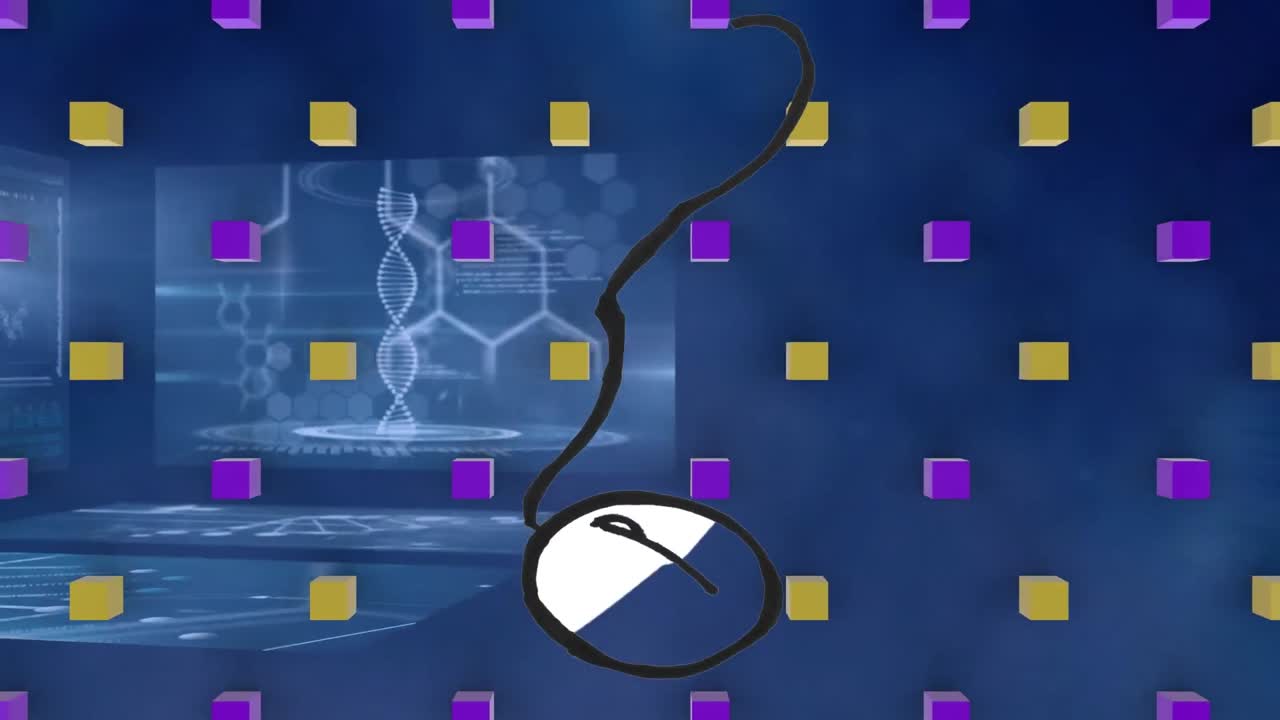 Animation of 3d shapes and data processing over blue background