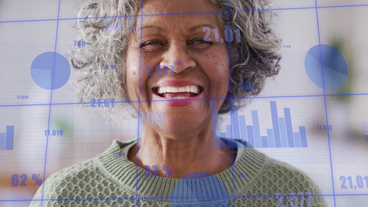 Senior woman shifting into broader smile as animated blue charts appearing, engaging with analytics