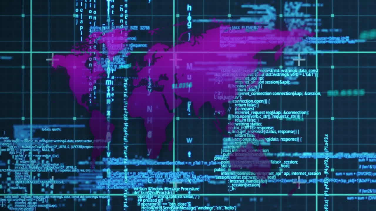 Animation of digital world map with blue coding text on dark background