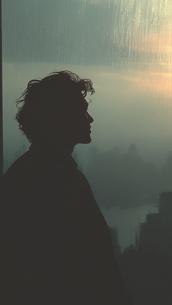 Uma silhueta contemplativa emoldurada por vidro manchado de chuva, capturando um momento de introspecção ao amanhecer com luz suave irrompendo pelas nuvens