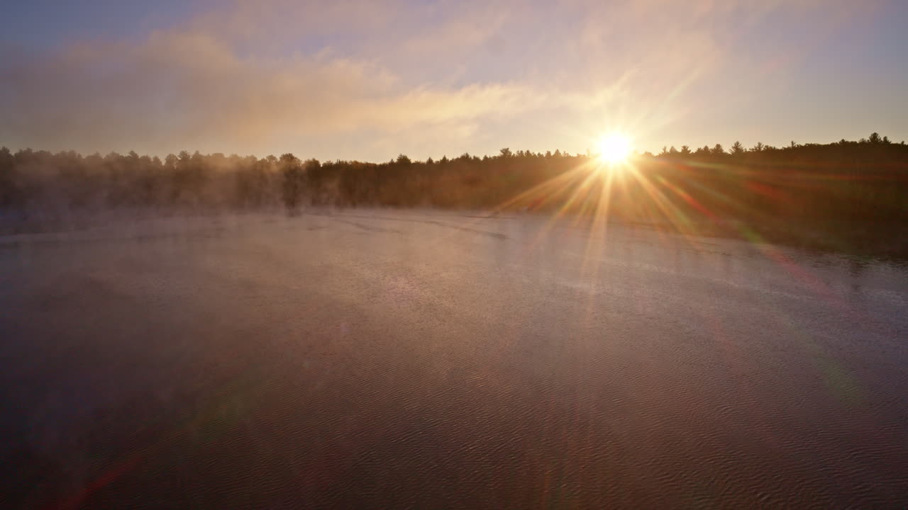 Overhead drone look at a river bordered by endless autumn woods