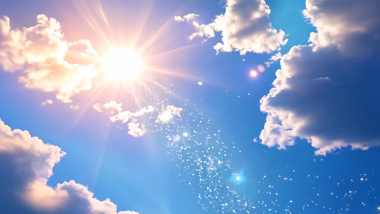 明るい太陽とふわふわの雲をローアングルから撮影した、夢のような映画のような動画シーン。