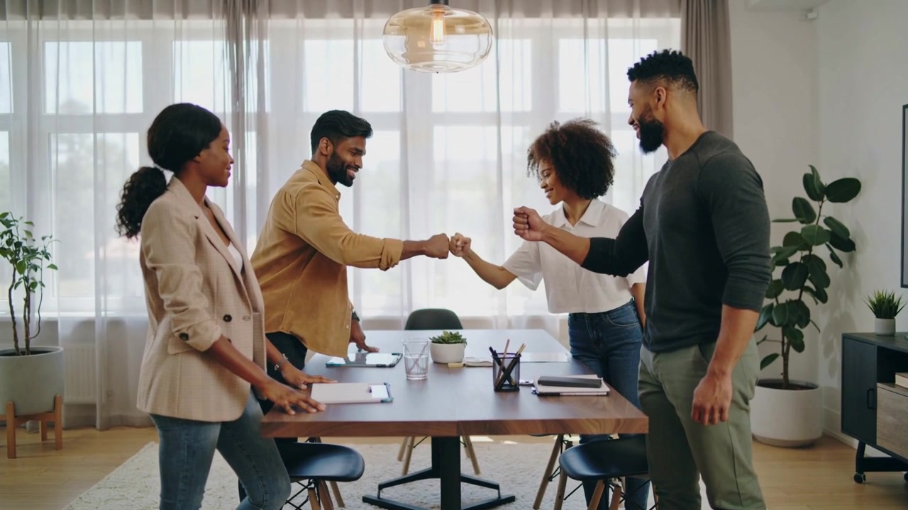 Leaning forward after meeting, team in workwear doing fist bumps across table, confirming agreement