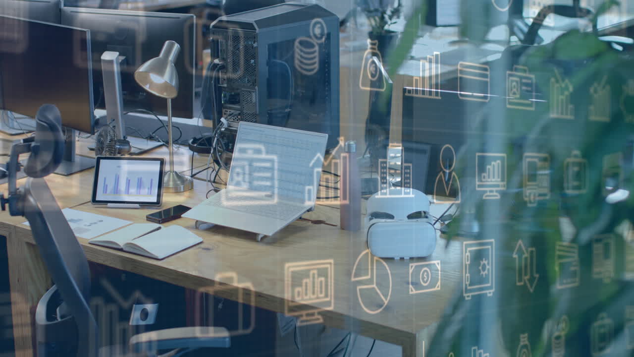 ビジネスアイコンのアニメーションとオフィスデスクのコンピュータによるデータ処理
