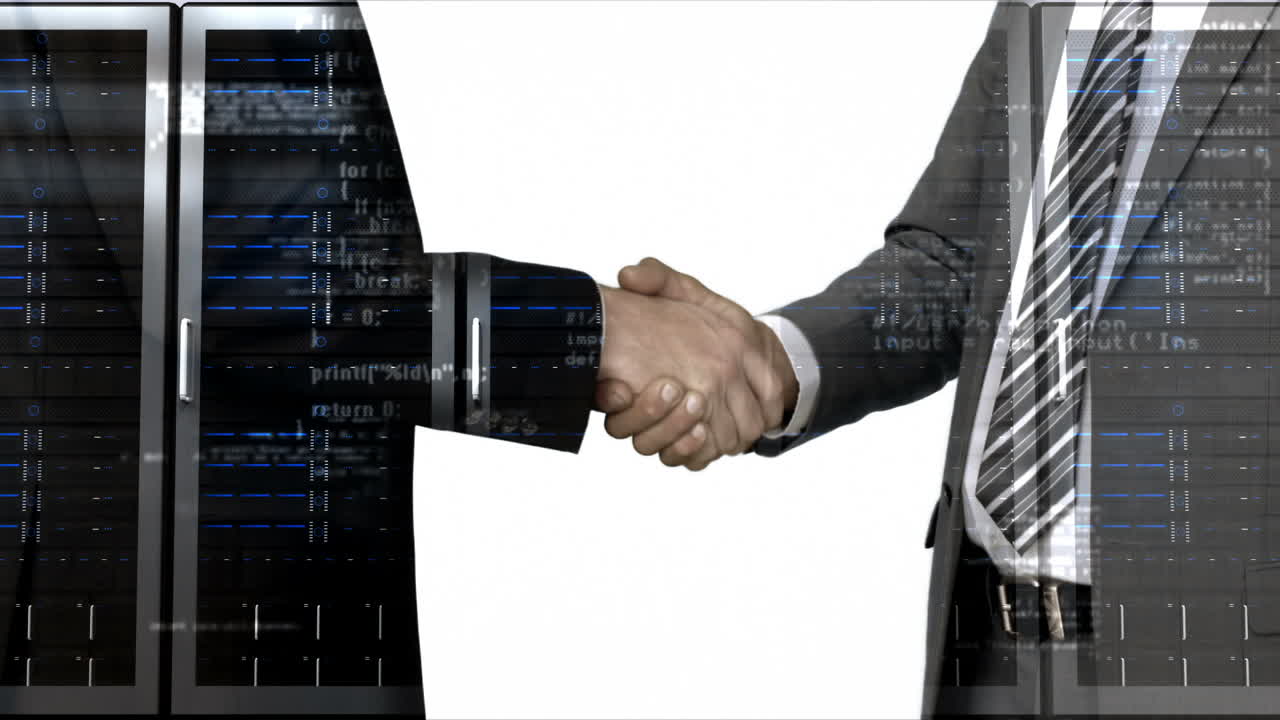 Business workers shaking hand with server tower overlay