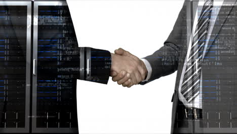 Business-workers-shaking-hand-with-server-tower-overlay