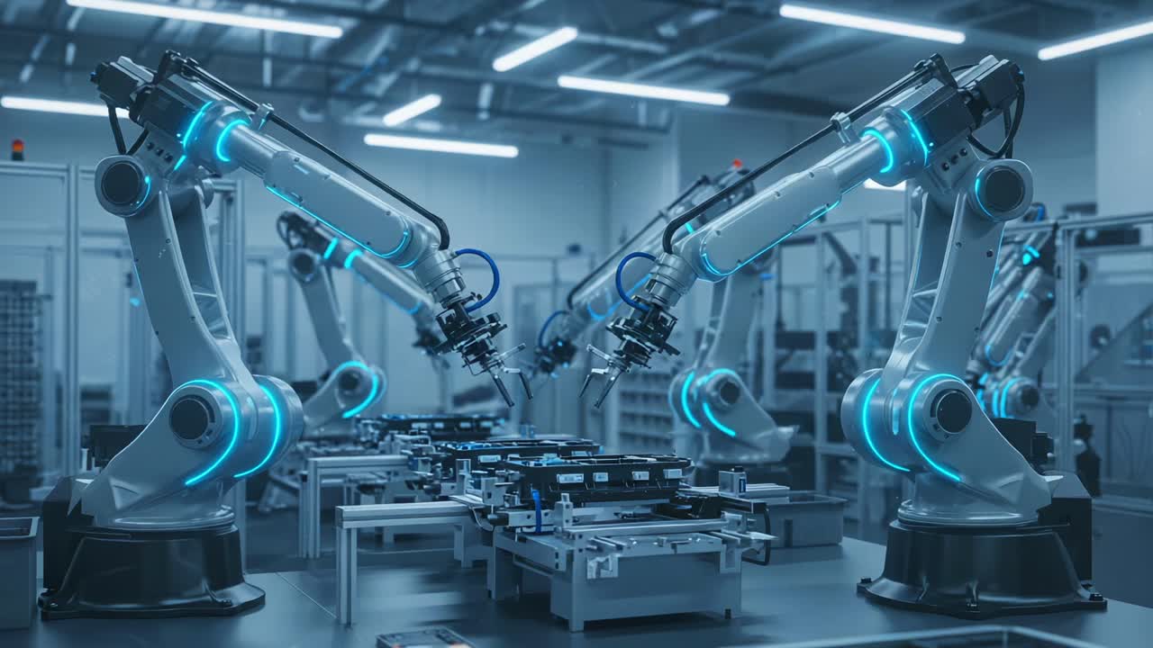 Advanced Robotic Automation in a High-Tech Manufacturing Facility Featuring Multiple Collaborative Robots and Smart Machinery for Precision Assembly