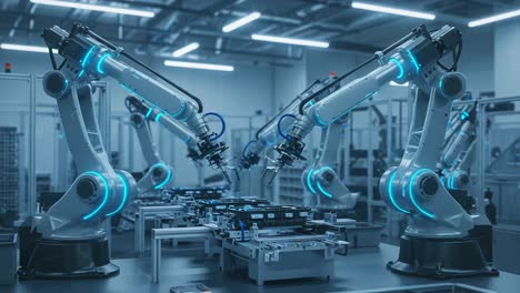 advanced robotic automation in a high-tech manufacturing facility featuring multiple collaborative robots and smart machinery for precision assembly