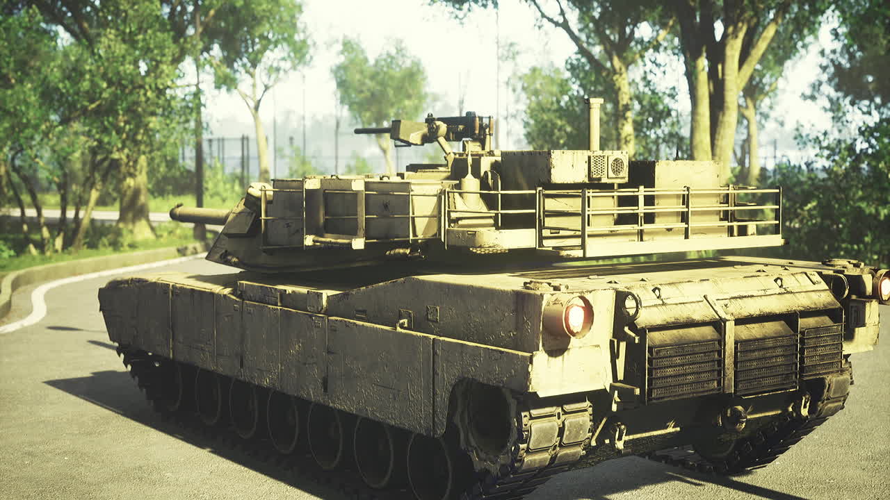 Military tank parked on a road surrounded by greenery during daylight