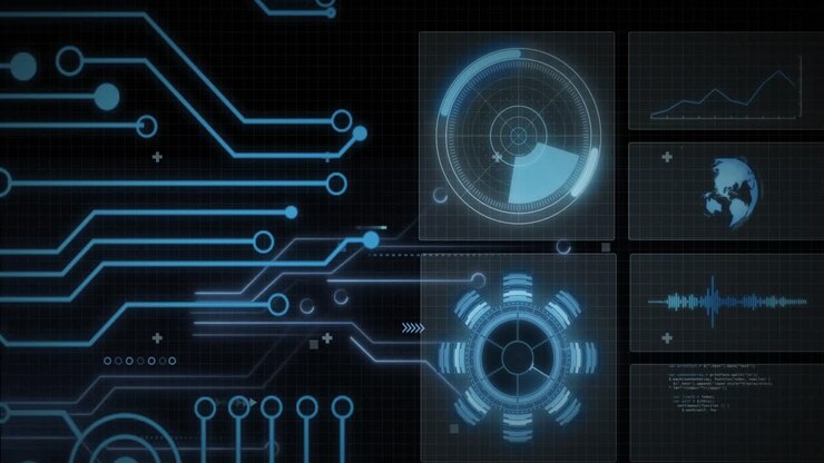 Animation of data processing with scope scanning on black background