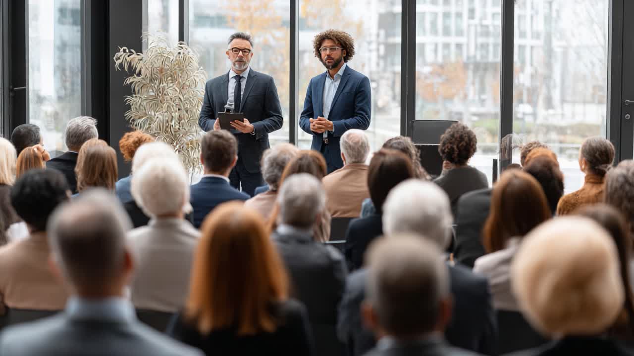 Due oratori professionisti coinvolgono un pubblico durante una presentazione dinamica, mostrando comunicazione efficace e leadership in un ambiente congressuale moderno.