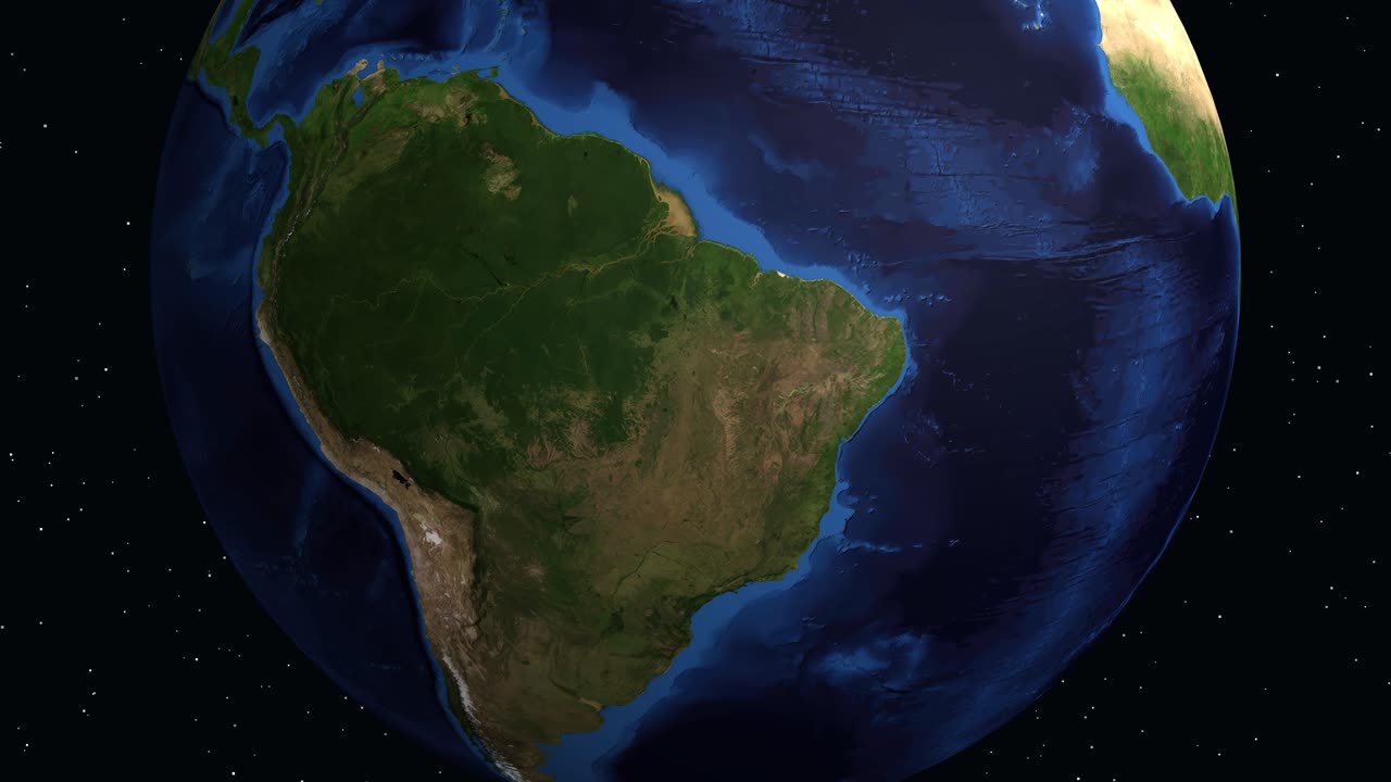 Un globo digitale ruota e zooma sul Sud America, evidenziando Ayacucho, Perù, con dati.