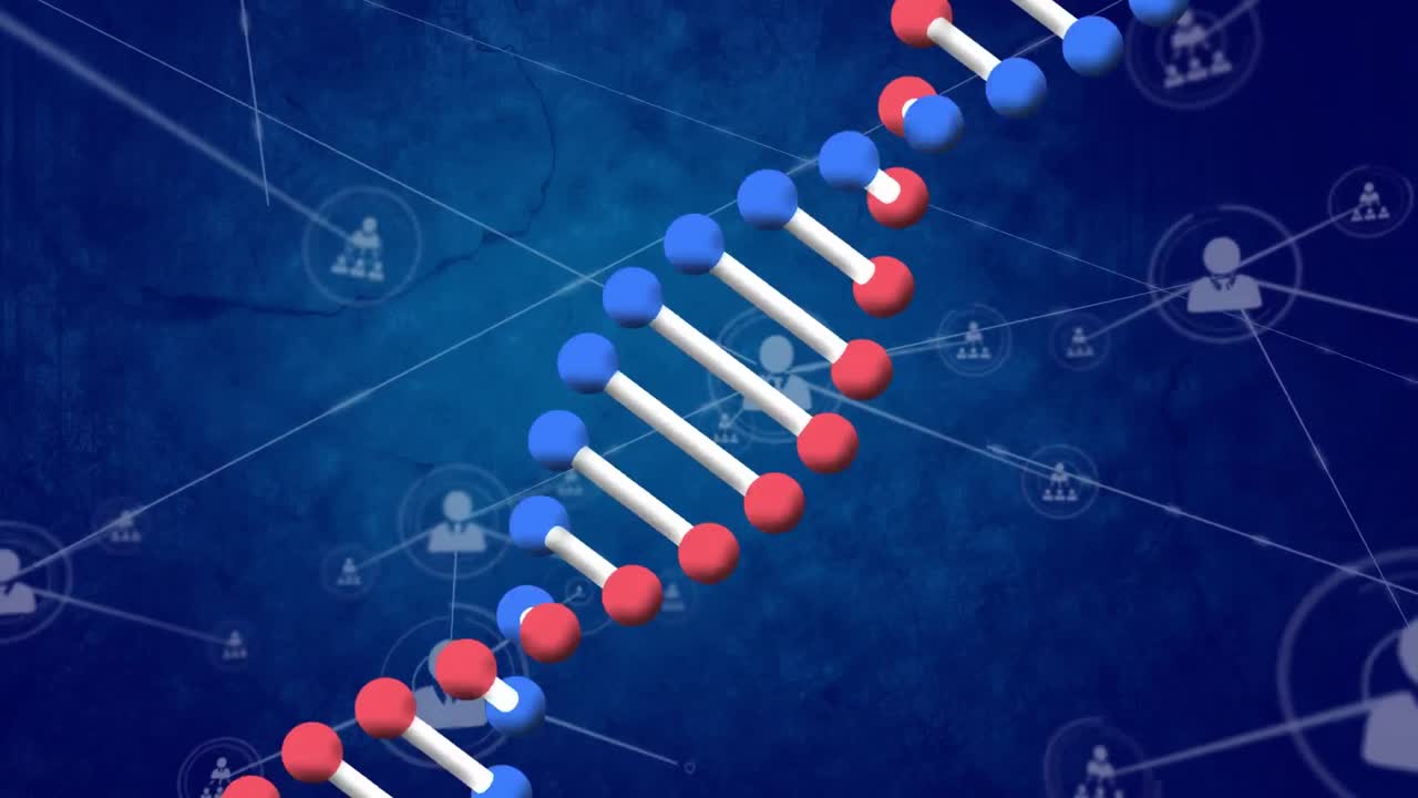 Animation af DNA-kæde over netværk af forbindelser på mørkeblå baggrund